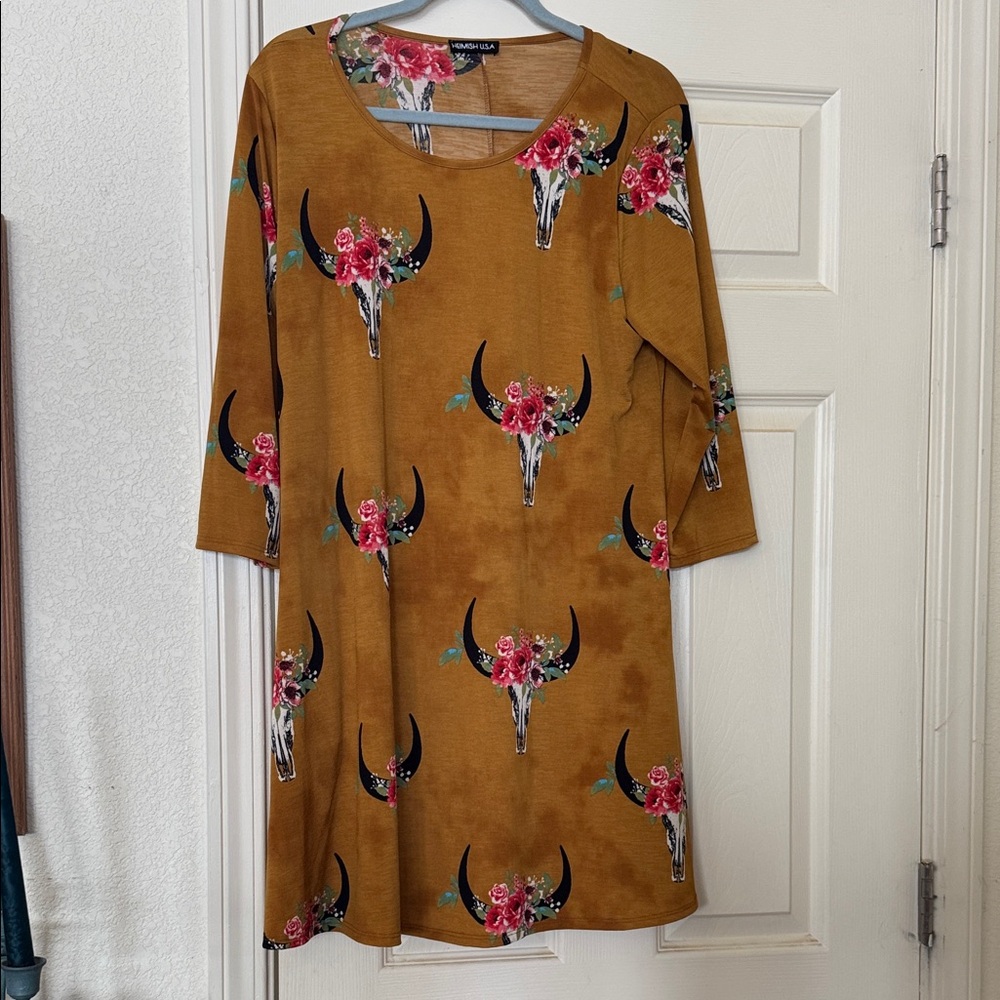 Heimish Long Sleeve Dress with Floral Skull Design in Tan